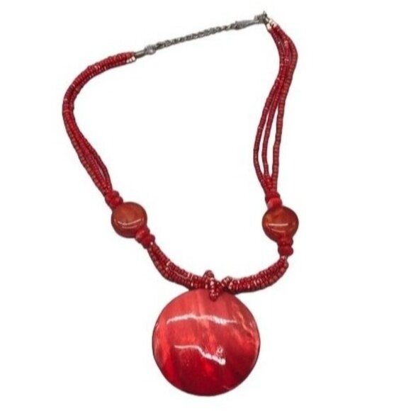 shell beads clasp red necklace costume jewelry 22" long 3 layers READ - Picture 1 of 12